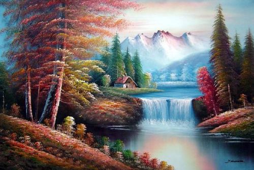 Oil Painting（油畫作品） Small Water Fall in Golden Autumn